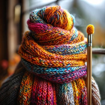 Knitting needles and colorful yarn crafting a warm scarf, symbolizing comfort and handmade art