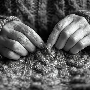 Fingers entwined in knitting, illustrating the craft and comfort of creating.