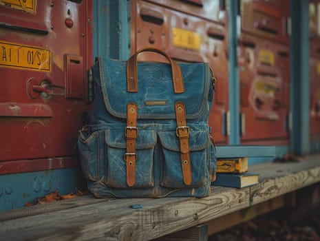 School backpack with books and supplies against a locker, symbolizing education and student life.