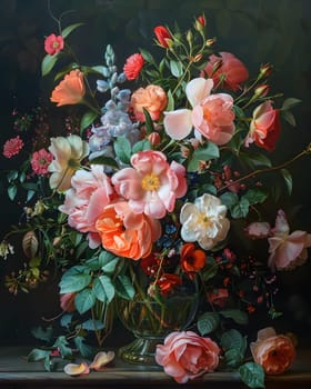 A beautiful painting of hybrid tea roses in a vase on a table, showcasing the artistry of flower arranging and creative arts in capturing the beauty of botany