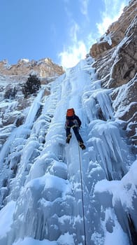Ice climber ascending a frozen waterfall, showcasing adventure and challenge