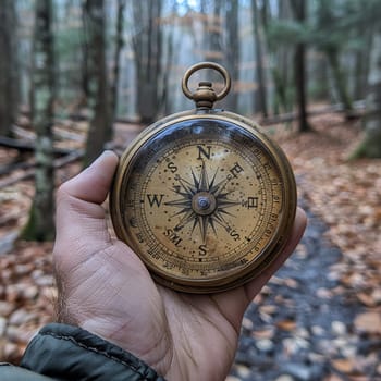 Hand holding a compass during a hike, symbolizing adventure and navigation.