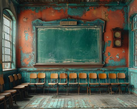 School classroom with empty chairs and chalkboard, symbolizing education and learning.