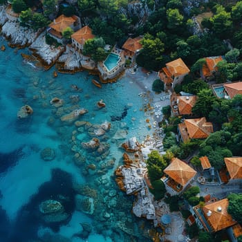 Drone view of a coastal town, illustrating perspective and the blend of nature and civilization.