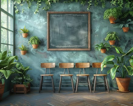 School classroom with empty chairs and chalkboard, symbolizing education and learning.