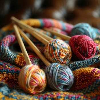 Knitting needles and colorful yarn crafting a warm scarf, symbolizing comfort and handmade art