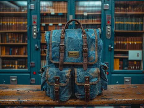 School backpack with books and supplies against a locker, symbolizing education and student life.