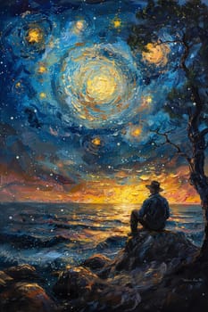 Starlit sky over a contemplative figure, painted in a Van Gogh-inspired swirling star pattern.