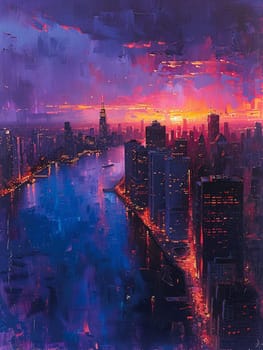 City skyline at dusk painted in broad, impressionistic strokes of deep blues and purples.