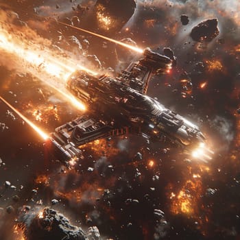Spaceship hurtling through an asteroid belt, depicted in a thrilling 3D style with dynamic lighting.