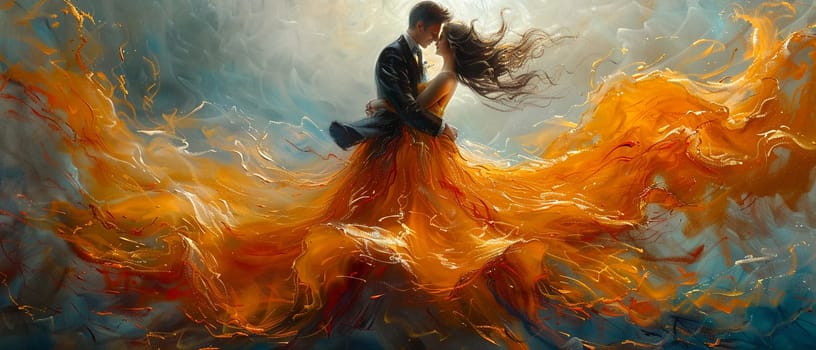Elegant ballroom dance captured in mid-twirl, painted with flowing dresses and the grace of movement.