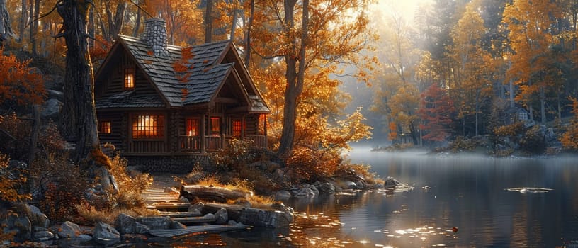 Rustic cabin in the woods depicted with a Thomas Kincade-like focus on light and idyllic settings