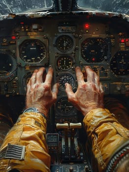 Pilot's hands on an aircraft cockpit controls, illustrated with meticulous attention to detail and realism.