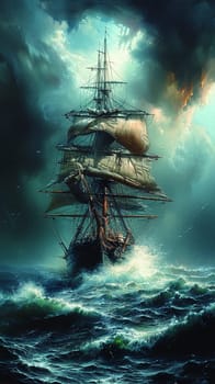 Stormy sea voyage illustrated with dynamic brushstrokes and a moody, atmospheric palette.