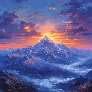 Mountain peak sunset painted with an emphasis on dramatic lighting and expansive views in a romantic style