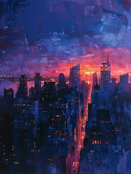 City skyline at dusk painted in broad, impressionistic strokes of deep blues and purples.