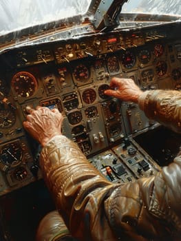 Pilot's hands on an aircraft cockpit controls, illustrated with meticulous attention to detail and realism.