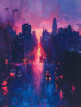 City skyline at dusk painted in broad, impressionistic strokes of deep blues and purples.