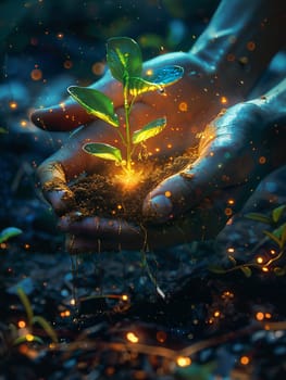 Hands planting a magical seed that glows with life, illustrated in a vibrant digital painting.