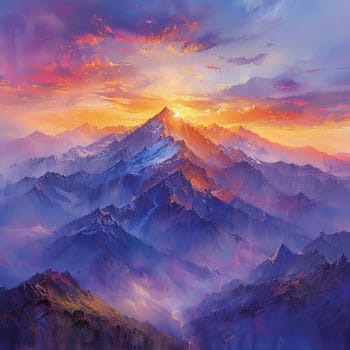 Mountain peak sunset painted with an emphasis on dramatic lighting and expansive views in a romantic style
