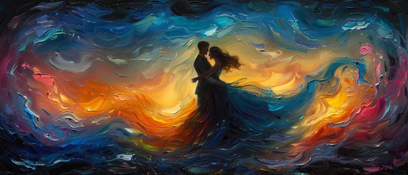 Elegant ballroom dance captured in mid-twirl, painted with flowing dresses and the grace of movement.