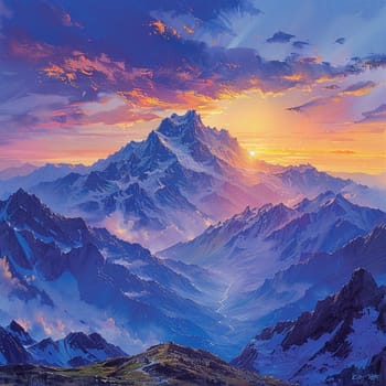 Mountain peak sunset painted with an emphasis on dramatic lighting and expansive views in a romantic style