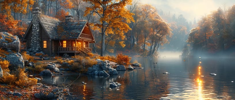 Rustic cabin in the woods depicted with a Thomas Kincade-like focus on light and idyllic settings