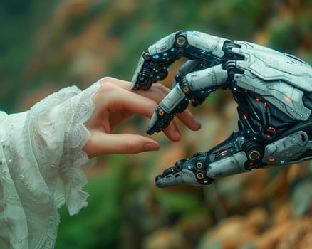 Gentle touch between human and android, a moment of connection in a tech-woven world.