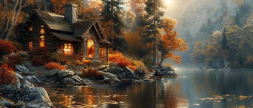 Rustic cabin in the woods depicted with a Thomas Kincade-like focus on light and idyllic settings