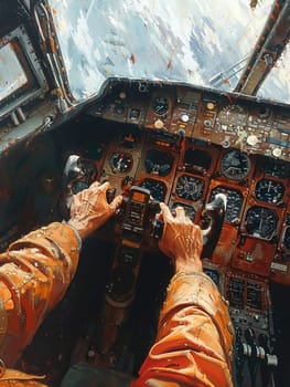 Pilot's hands on an aircraft cockpit controls, illustrated with meticulous attention to detail and realism.