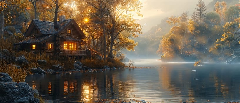 Rustic cabin in the woods depicted with a Thomas Kincade-like focus on light and idyllic settings