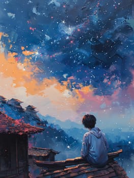 Rooftop stargazer painted in a soft, ethereal palette, capturing the wonder of the cosmos.