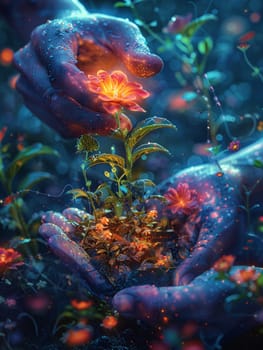 Hands planting a magical seed that glows with life, illustrated in a vibrant digital painting.