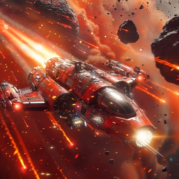 Spaceship hurtling through an asteroid belt, depicted in a thrilling 3D style with dynamic lighting.