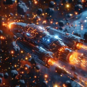 Spaceship hurtling through an asteroid belt, depicted in a thrilling 3D style with dynamic lighting.