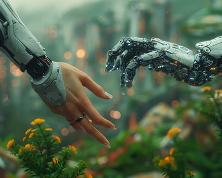 Gentle touch between human and android, a moment of connection in a tech-woven world.