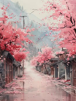 Cherry blossom avenue depicted with delicate watercolor washes creating a dreamlike ambiance