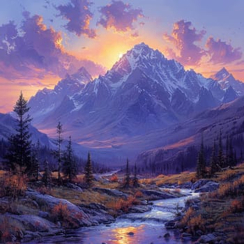 Mountain peak sunset painted with an emphasis on dramatic lighting and expansive views in a romantic style