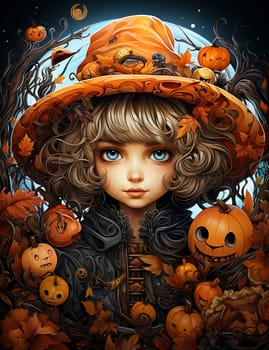 Cartoon girl in Halloween costume. AI generated