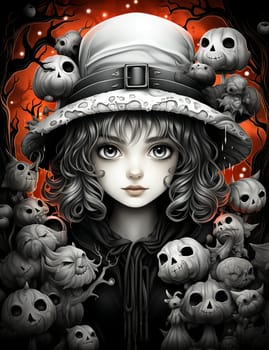 Cartoon girl in Halloween costume. AI generated