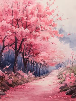 Cherry blossom avenue depicted with delicate watercolor washes creating a dreamlike ambiance