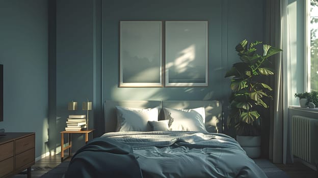 A bedroom in a building with a bed and two paintings on the wall, creating a cozy atmosphere. The window overlooks a tree outside, adding a touch of nature to the room