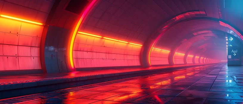 Futuristic train station arrival illustrated with sharp geometric shapes and a cool, metallic color scheme.
