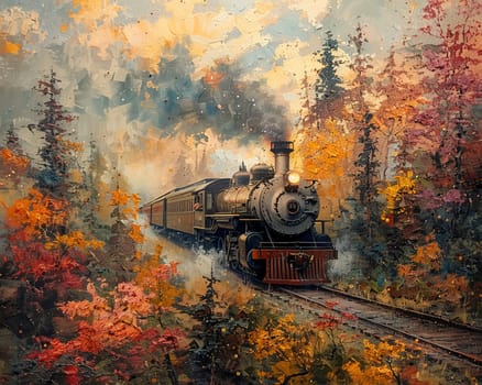 Vintage train puffing through a scenic landscape, painted in an impressionist style with a touch of romance.