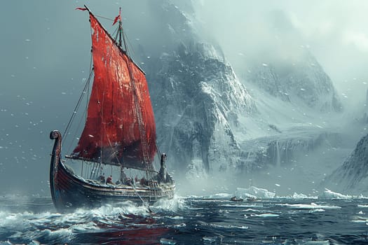 Viking longship navigating icy waters, depicted with a Norse art style and cold, bracing colors.