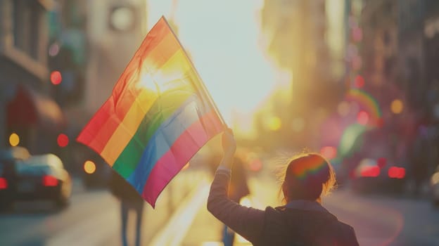 Rear view of lesbian girl waving a rainbow flag in a street at sunset.
