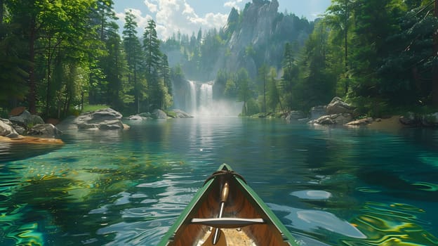 A watercraft, specifically a canoe, peacefully floats on a serene lake surrounded by lush nature, with a magnificent waterfall in the background