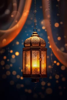 A lantern hanging from a chain with a blue background. Ramadan celebration concept