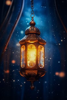 A lantern hanging from a chain with a blue background. Ramadan celebration concept