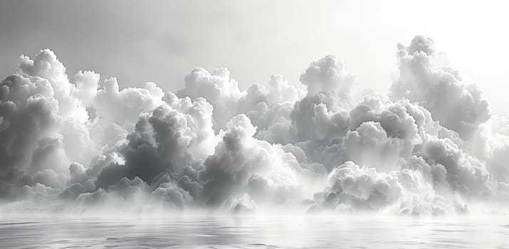 A monochrome photo capturing a cloudy sky with cumulus clouds over a tranquil body of water, creating a serene natural landscape with a grey atmosphere